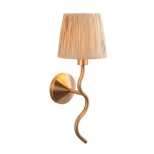 Danemont Wall Light with a wriggle-shaped brass metal arm and hand-wrapped natural raffia shade, round wall mount, shown on a plain white background.