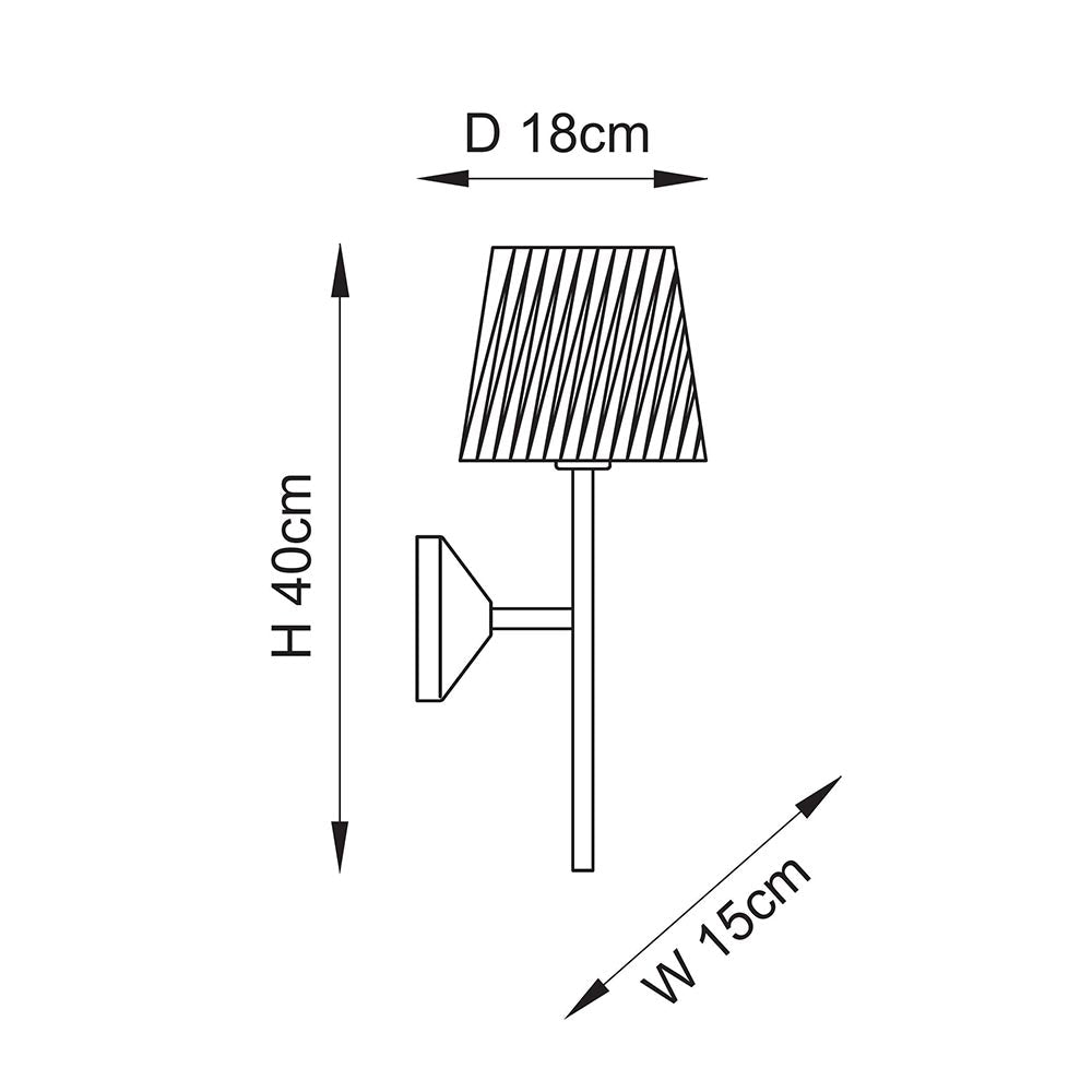 Danemont Wall Light dimension diagram showing brass arm and tapered natural raffia shade, 40cm height, 18cm shade diameter, 15cm projection.