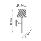 Danemont Wall Light dimension diagram showing brass arm and tapered natural raffia shade, 40cm height, 18cm shade diameter, 15cm projection.