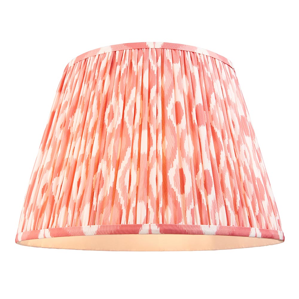 Endon Brackmont pendant shade in handmade pleated coral pink Ikat faux silk with taped edges, shown on a plain white background.