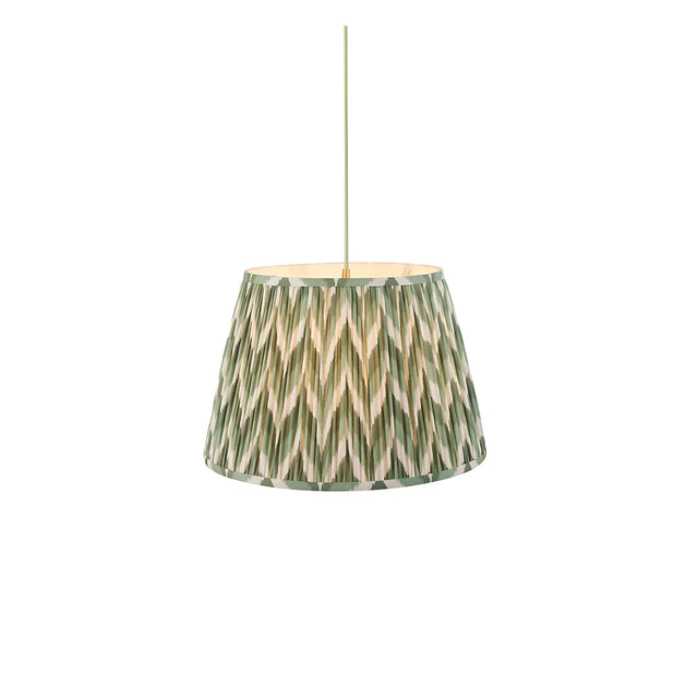 Brackmont Pendant Light with a tapered green pleated fabric shade in a chevron pattern, brass flex fitting, shown on a plain white background.