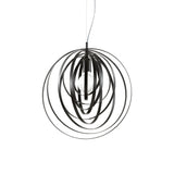 The Abstract 1 Light Pendant - Black features a contemporary design with an abstract form, highlighted by concentric black metal rings that encircle a single bulb. It includes a dimmable function and hangs from a slender cable, offering a minimalist appearance against a white backdrop.