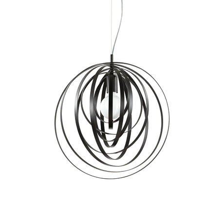 The Abstract 1 Light Pendant - Black features a contemporary design with an abstract form, highlighted by concentric black metal rings that encircle a single bulb. It includes a dimmable function and hangs from a slender cable, offering a minimalist appearance against a white backdrop.