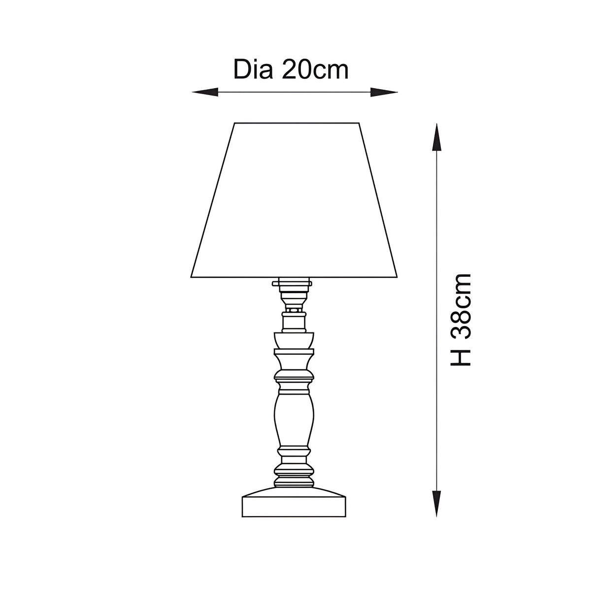 Endon Aldworth Leaf table lamp dimension diagram showing 20cm shade diameter and 38cm height on a plain white background.