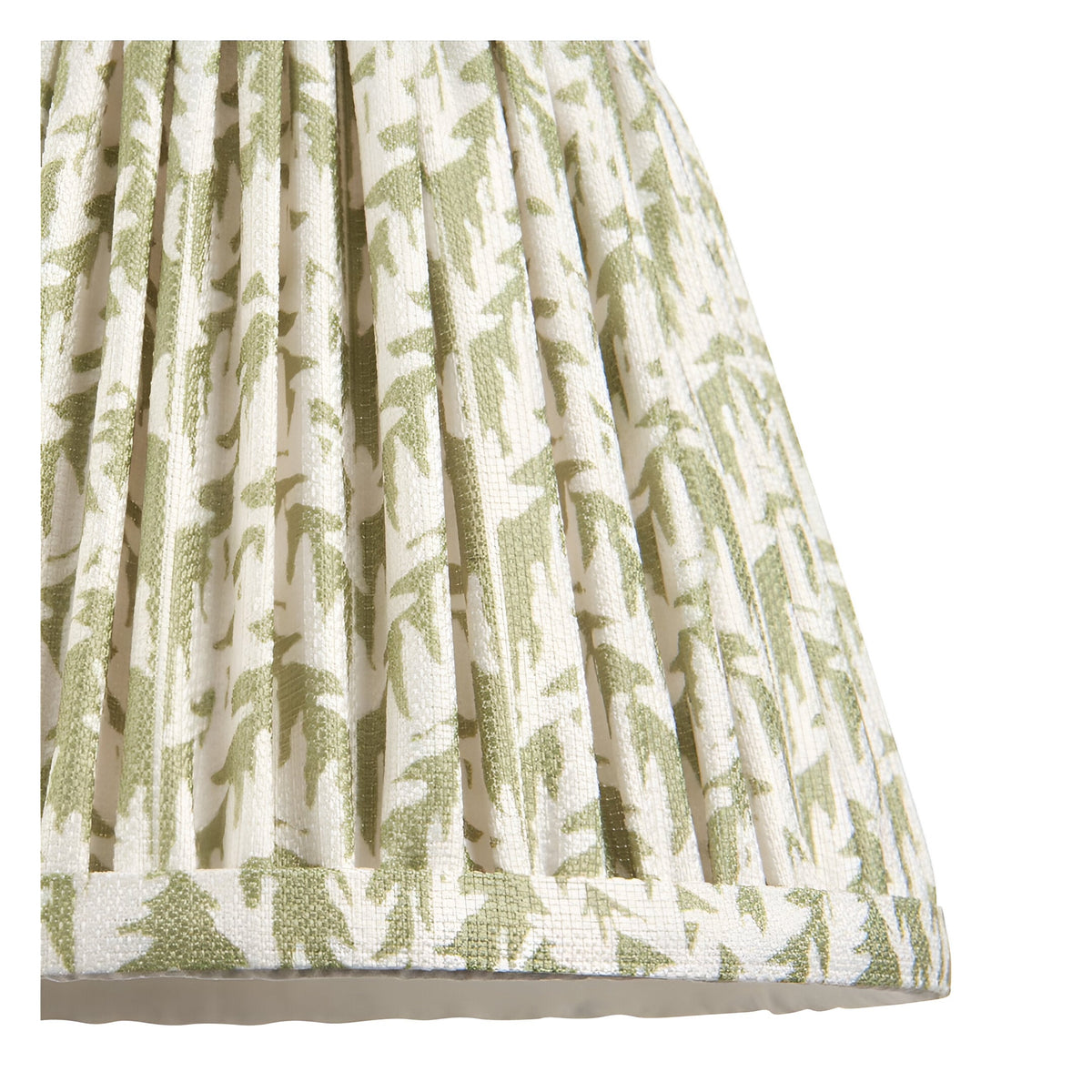 Close-up of the Endon Aldworth wall light's pleated tapered shade in herb green leaf-print faux linen with taped edge trim.