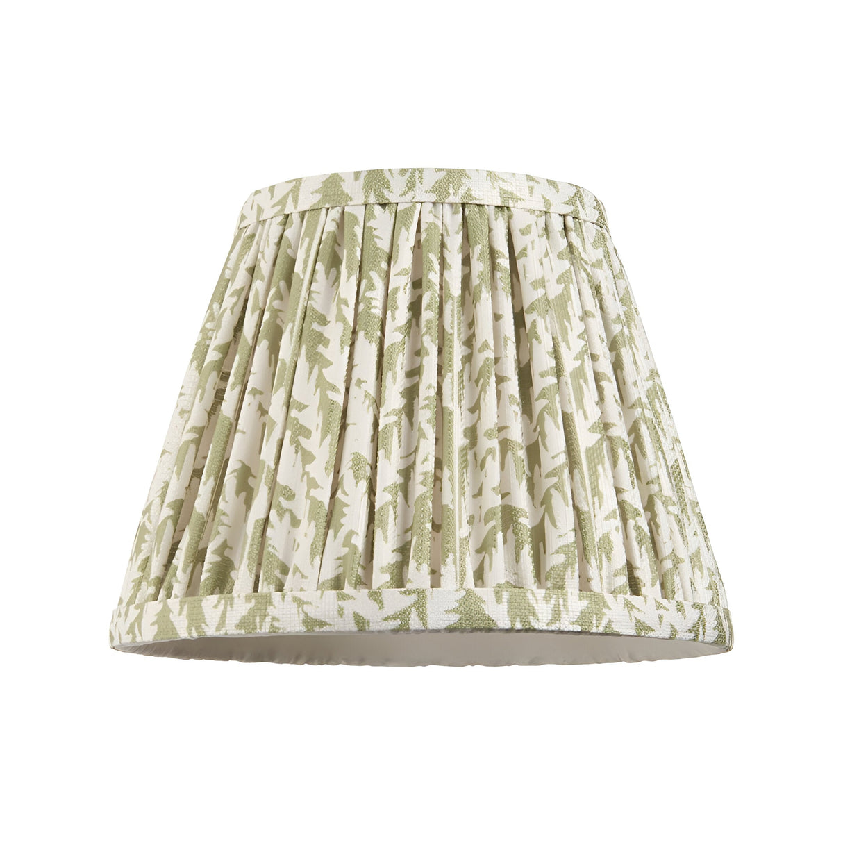 Endon Aldworth pleated tapered lamp shade in herb green leaf-print faux linen with taped edging, shown on a plain white background.