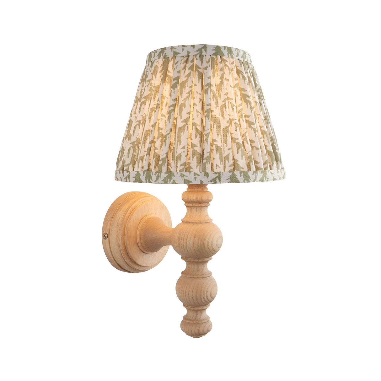 Endon Aldworth Leaf wall light with turned natural ash spindle and gathered pleated tapered shade in herb green leaf print on a white background.