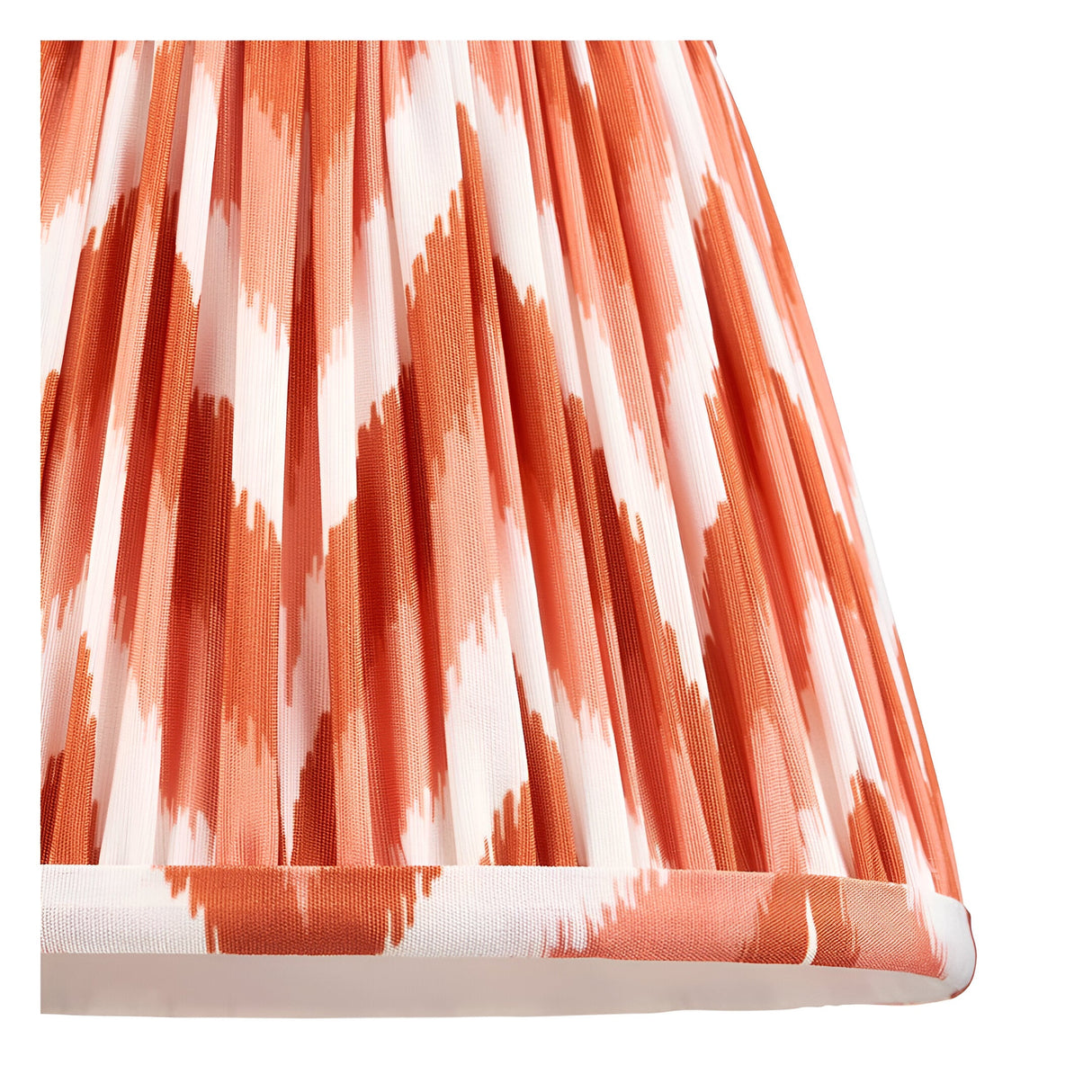 Close-up of the Aldworth Zigzag Wall Light's pleated tapered shade in apricot-orange faux silk with a zigzag pattern and taped edge detailing.