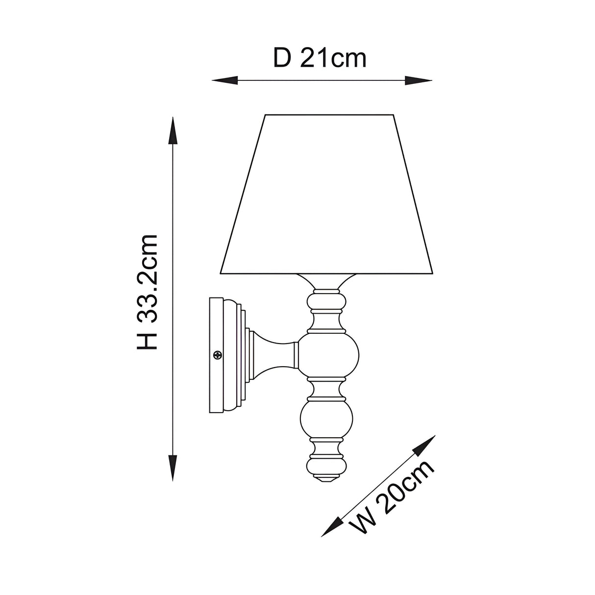 Line drawing of the Aldworth Zigzag Wall Light showing a turned wood spindle base with tapered fabric shade, labelled H 33.2cm, D 21cm, W 20cm.