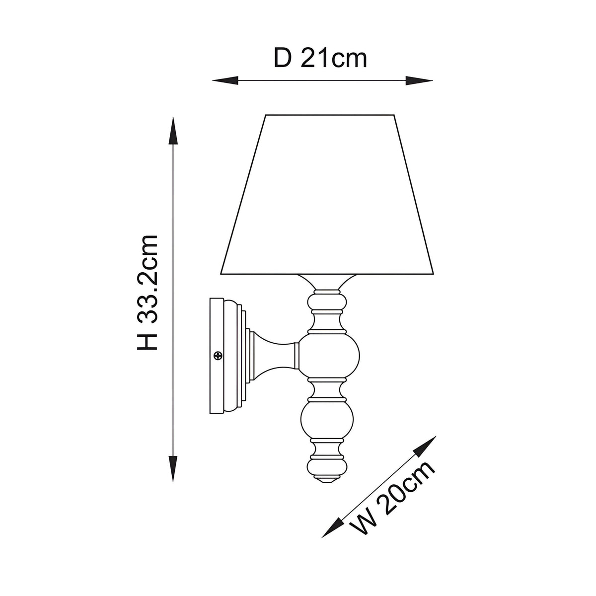 Line drawing of the Aldworth Ivy Wall Light showing a turned wood spindle base with tapered fabric shade, dimensions H33.2cm, D21cm, W20cm.