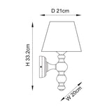 Line drawing of the Aldworth Ivy Wall Light showing a turned wood spindle base with tapered fabric shade, dimensions H33.2cm, D21cm, W20cm.