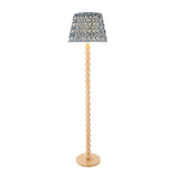 Endon Ashwood floor lamp with stacked bamboo sphere base and tapered marlin blue Ripple pleated shade, shown on a plain white background.