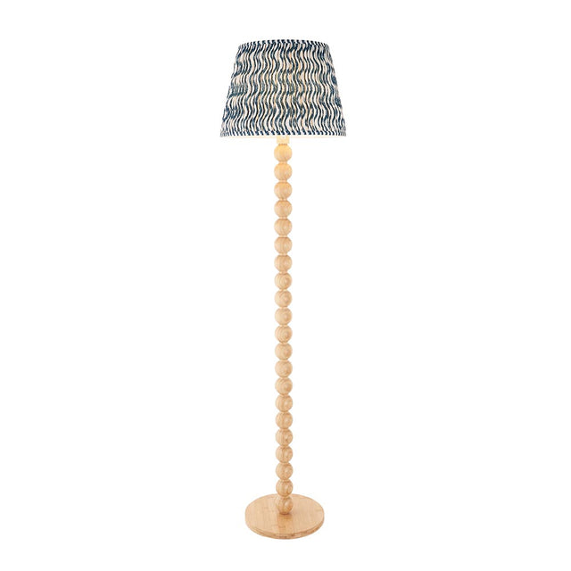 Endon Ashwood floor lamp with stacked bamboo sphere base and tapered marlin blue Ripple pleated shade, shown on a plain white background.