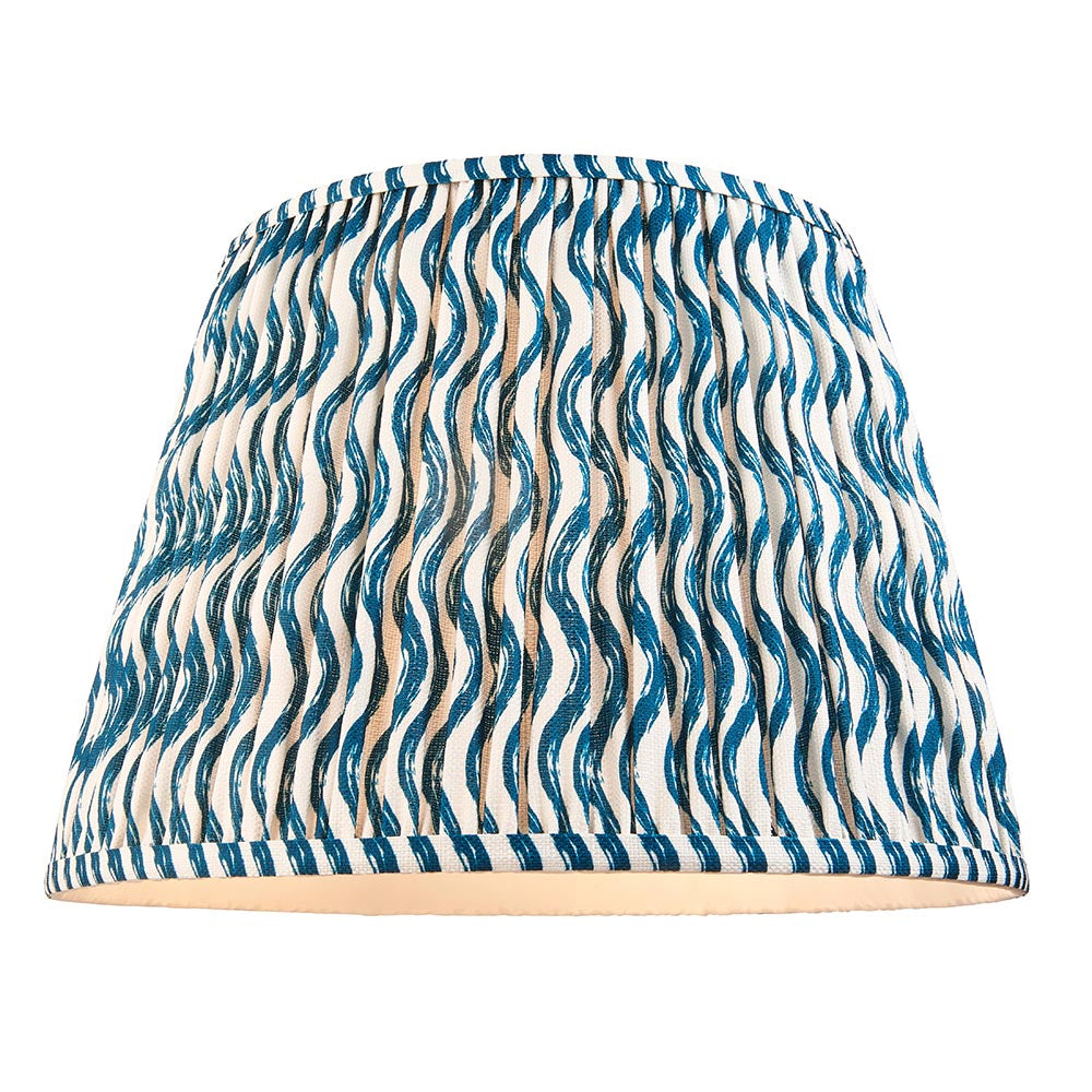 Endon Ashwood floor lamp shade in tapered form with handmade gathered pleats in marlin blue and natural faux linen ripple print on a white background.