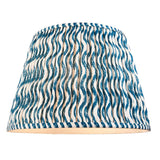Endon Ashwood floor lamp shade in tapered form with handmade gathered pleats in marlin blue and natural faux linen ripple print on a white background.
