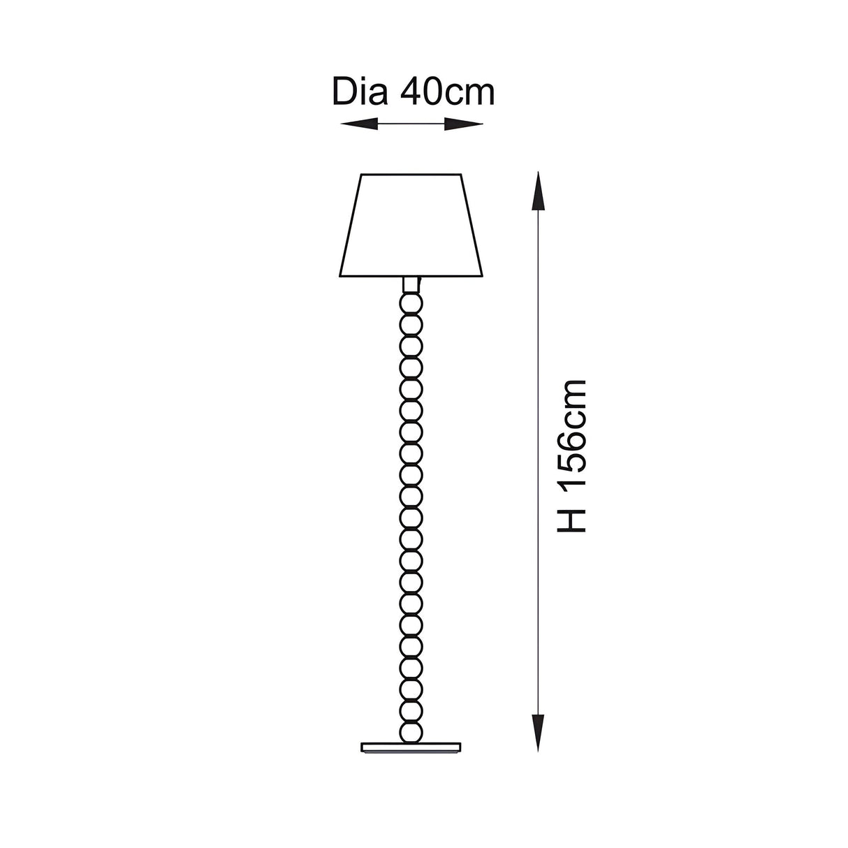 Line drawing of the Ashwood Zigzag Floor Lamp showing a stacked sphere base and tapered shade, with dimensions 40cm diameter shade and 156cm height.