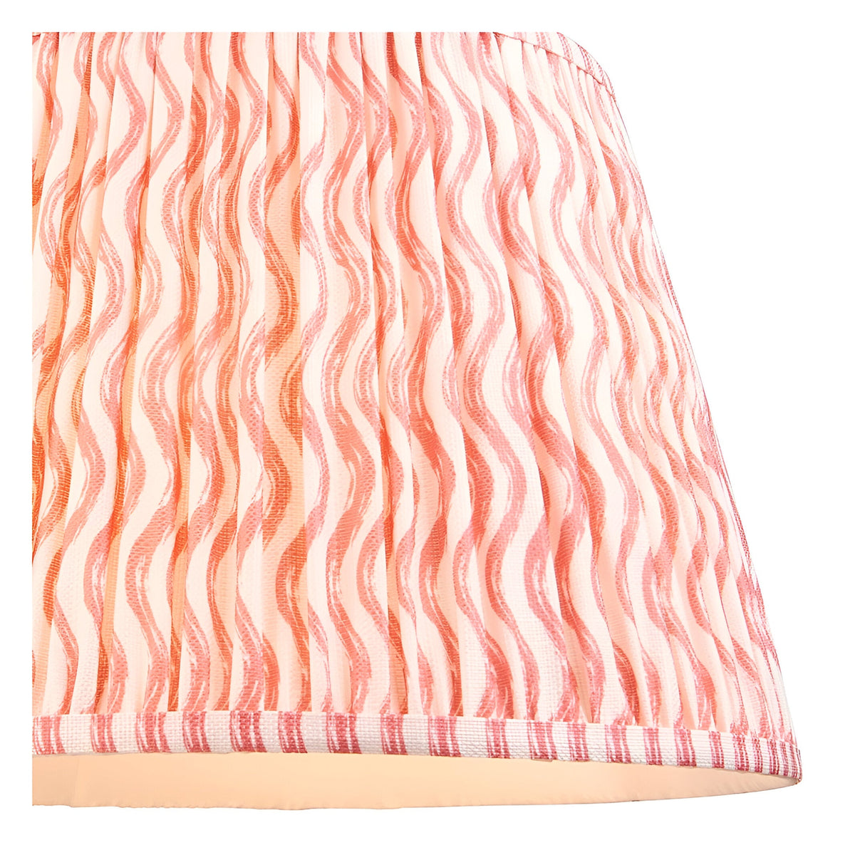 Close-up of the Endon Ashwood floor lamp's 40cm Ripple shade, a gathered pleat faux linen in coral pink wave print with taped striped edge.