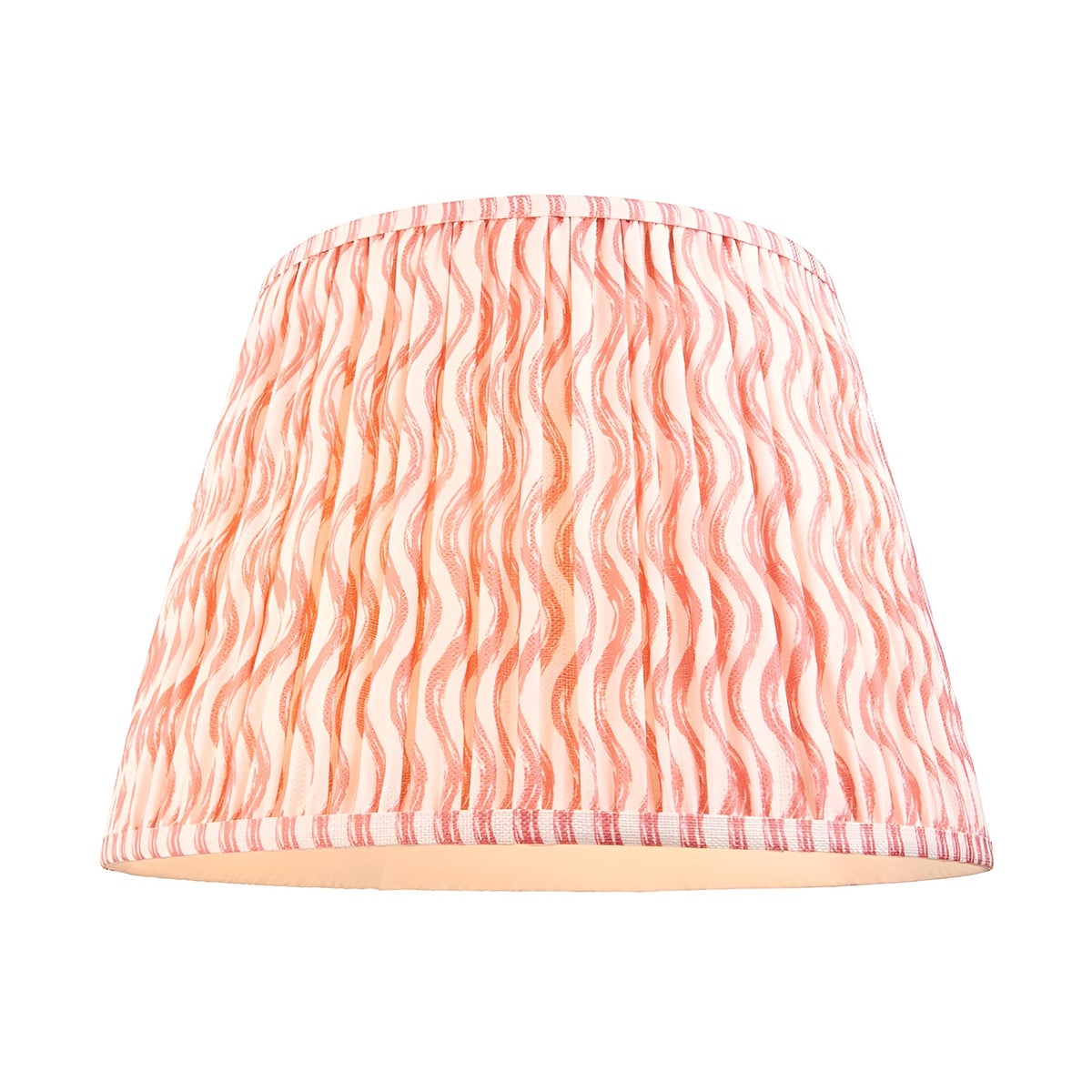 Endon Ashwood floor lamp shade in tapered gathered pleat faux linen with coral pink wave print and striped trim on a white background.