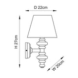 Endon Bevbury Ikat wall light dimension diagram showing 270mm height, 200mm width and 220mm projection, with tapered shade on turned spindle.