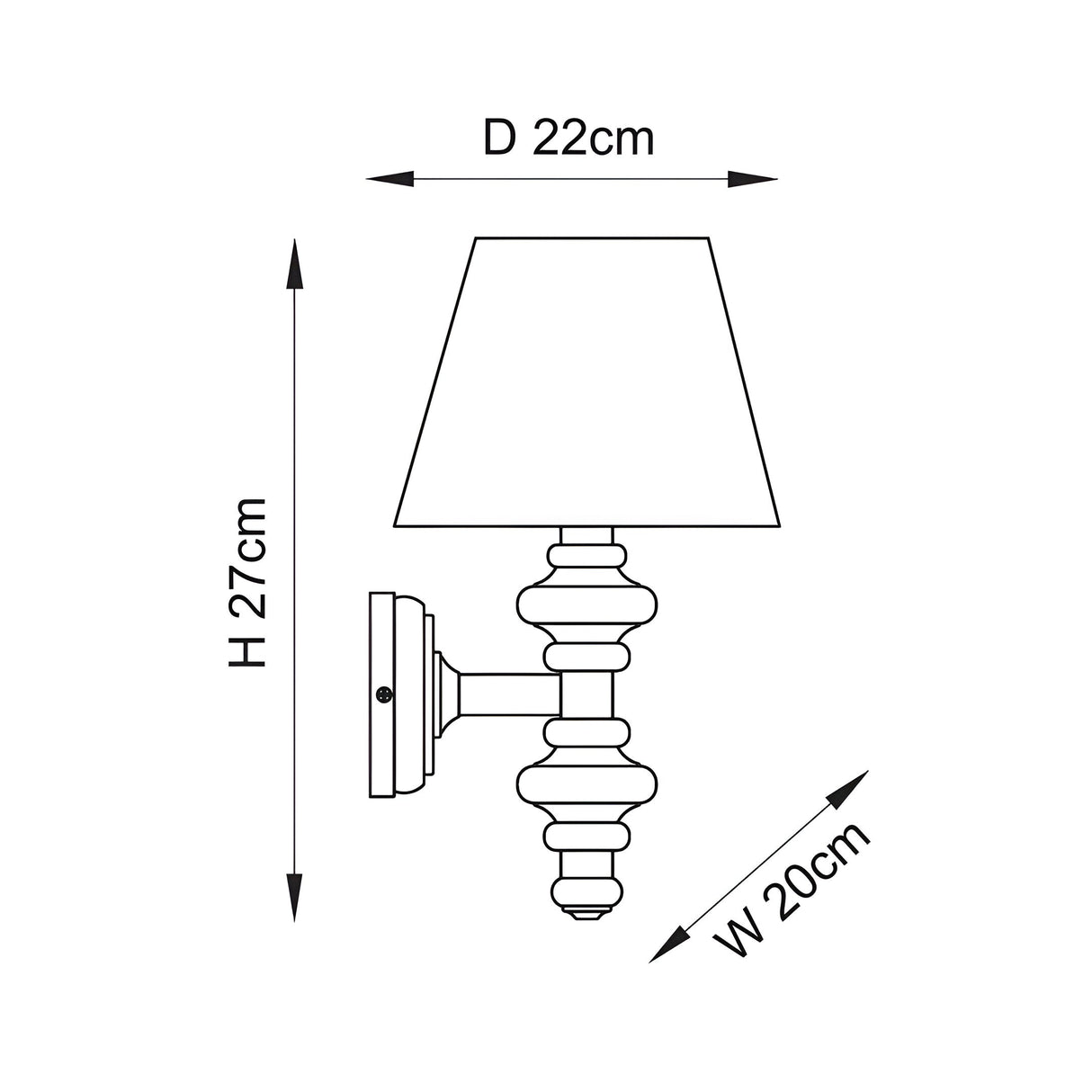 Dimension diagram of the Endon Bevbury Ripple wall light showing 27cm height, 20cm width and 22cm projection on a plain white background.