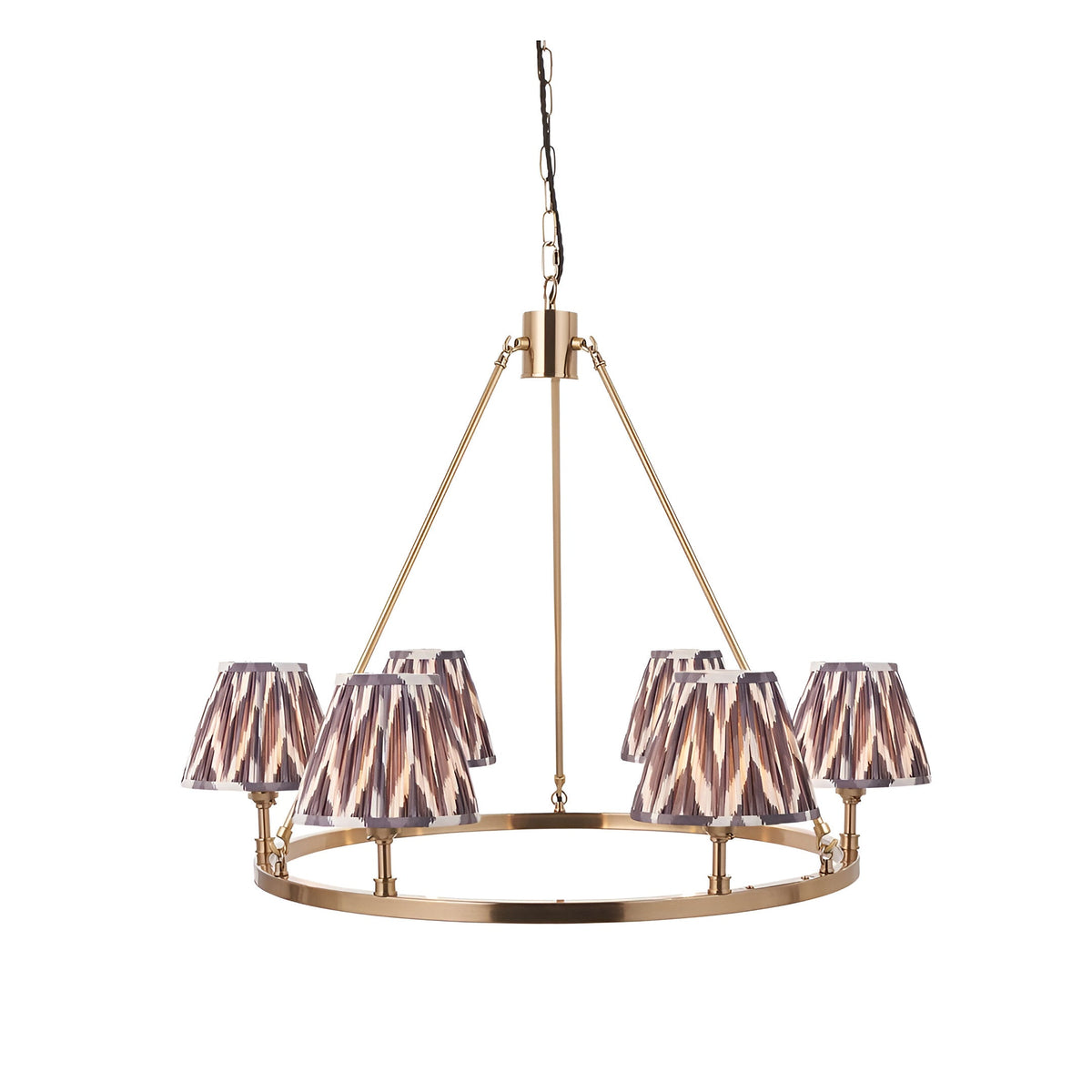 Endon Bevford Zigzag six-light hoop pendant in aged brass with pleated pearl grey zigzag fabric shades, shown on a white background.