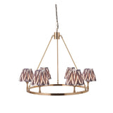 Endon Bevford Zigzag six-light hoop pendant in aged brass with pleated pearl grey zigzag fabric shades, shown on a white background.