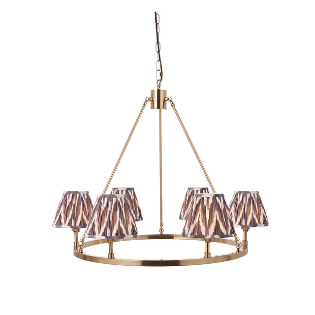 Endon Bevford Zigzag six-light hoop pendant in aged brass with pleated pearl grey zigzag fabric shades, shown on a white background.