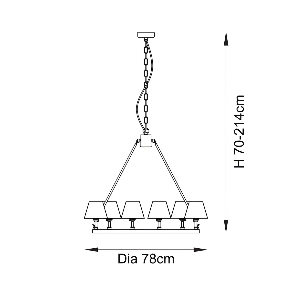 Dimension diagram of the Endon Bevford Zigzag 6 light pendant showing 78cm diameter hoop and adjustable height from 70cm to 214cm.