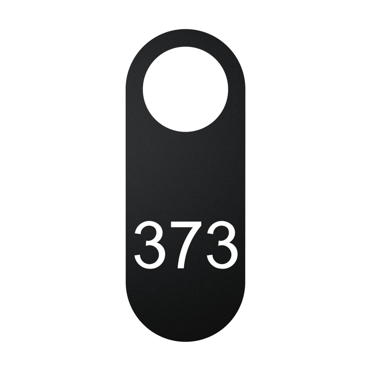 Blink Signage Tag for Wall Light in matt black iron, a pill-shaped plate with a round cut-out and "373" printed below, on a plain white background.