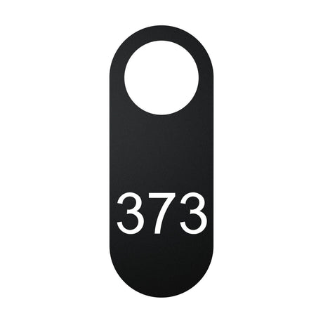 Blink Signage Tag for Wall Light in matt black iron, a pill-shaped plate with a round cut-out and "373" printed below, on a plain white background.