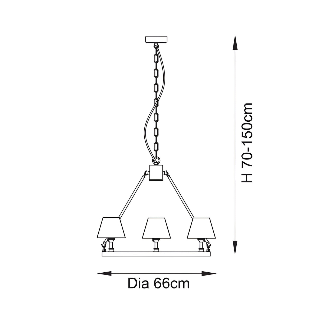 Line drawing of the Bevford Zigzag 3 Light Pendant with three tapered shades on a hoop frame, chain suspension, 70-150cm height, 66cm diameter.