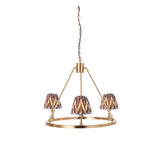 Bevford Zigzag 3 Light Pendant in aged brass finish, with a circular hoop frame holding three pleated grey Zigzag fabric shades, on a plain white background.