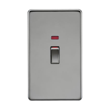 The 45A DP Switch Neon (2 Gang Size) - Black Nickel is an elegant metallic light switch with a black nickel finish, featuring a rectangular plate and a small red indicator light above the rocker switch. Its double pole design is perfectly set against a plain white background, making it ideal for sophisticated cooker control units.