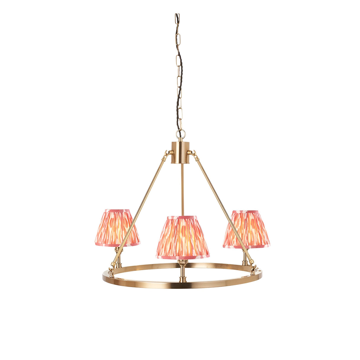 Bevford Ikat 3 Light Pendant in Coral, a hoop pendant with three tapered coral Ikat fabric shades on an aged brass frame and chain, shown on a white background.