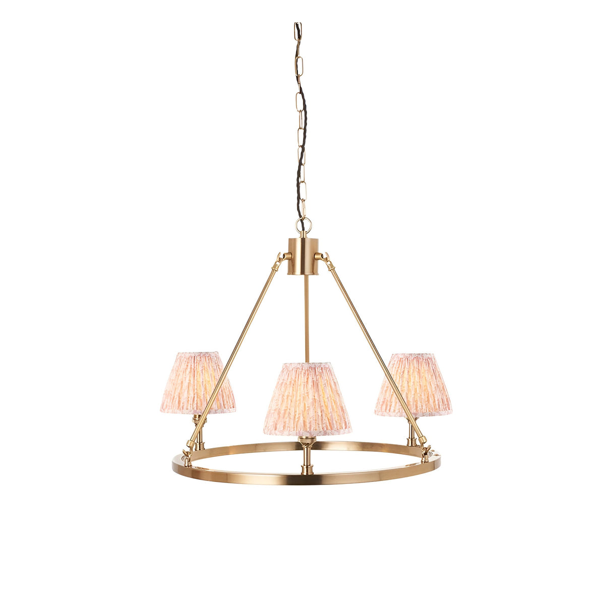 Endon Bevford 3 light pendant with an aged brass hoop, chain suspension and three pleated peach faux linen tapered shades on a white background.