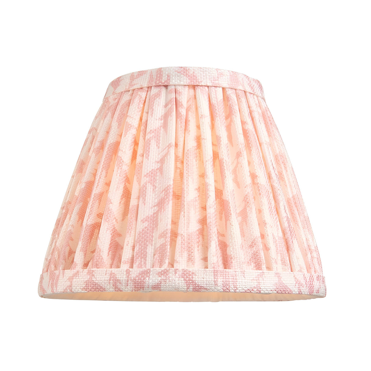 Endon Bevford pleated tapered pendant shade in peach faux linen with houndstooth print and taped edging, shown on a plain white background.
