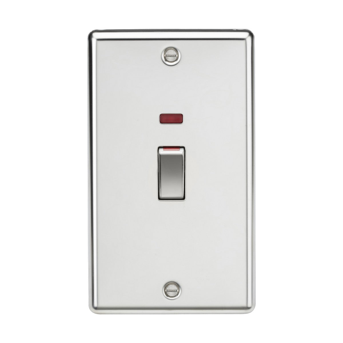 A 45A DP Switch Neon (2 Gang Size) - Polished Chrome with a red indicator is mounted on a white wall. Resembling sleek cooker control units, the switch is in the off position, with two screws visible at the top and bottom of its rectangular plate.