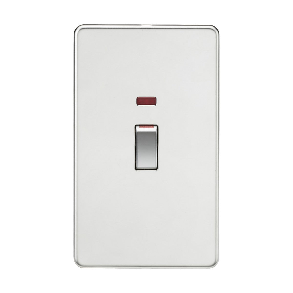 A 45A DP Switch Neon in a polished chrome, screwless design sits on the wall, featuring a small red rectangular indicator above it to signify its double pole capability. Resembling those used in cooker control units, it effectively manages power with an on/off status indication.