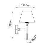 Line drawing of the Bevford Leaf Wall Light showing dimensions: 32cm height, 20.5cm shade diameter, 16cm projection, on a white background.