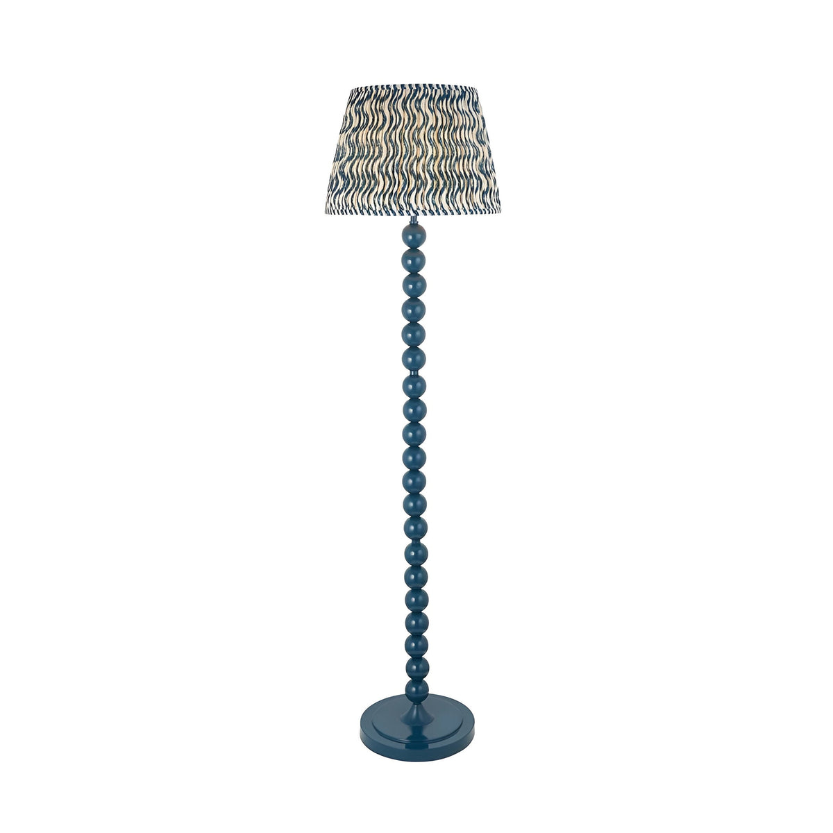 Endon Brenleigh Ripple floor lamp with stacked gloss marlin blue metal spheres and a pleated blue faux linen ripple-print shade, on a plain background.
