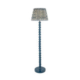 Endon Brenleigh Ripple floor lamp with stacked gloss marlin blue metal spheres and a pleated blue faux linen ripple-print shade, on a plain background.