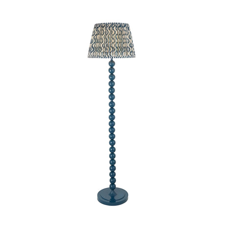 Endon Brenleigh Ripple floor lamp with stacked gloss marlin blue metal spheres and a pleated blue faux linen ripple-print shade, on a plain background.