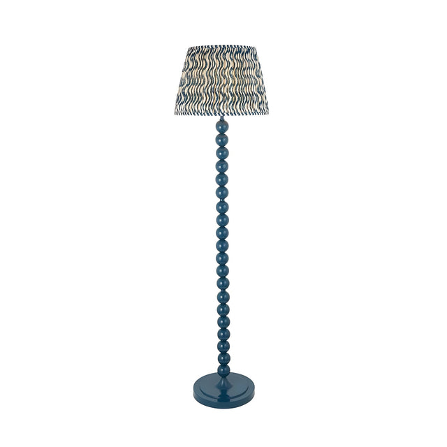 Endon Brenleigh Ripple floor lamp with stacked gloss marlin blue metal spheres and a pleated blue faux linen ripple-print shade, on a plain background.