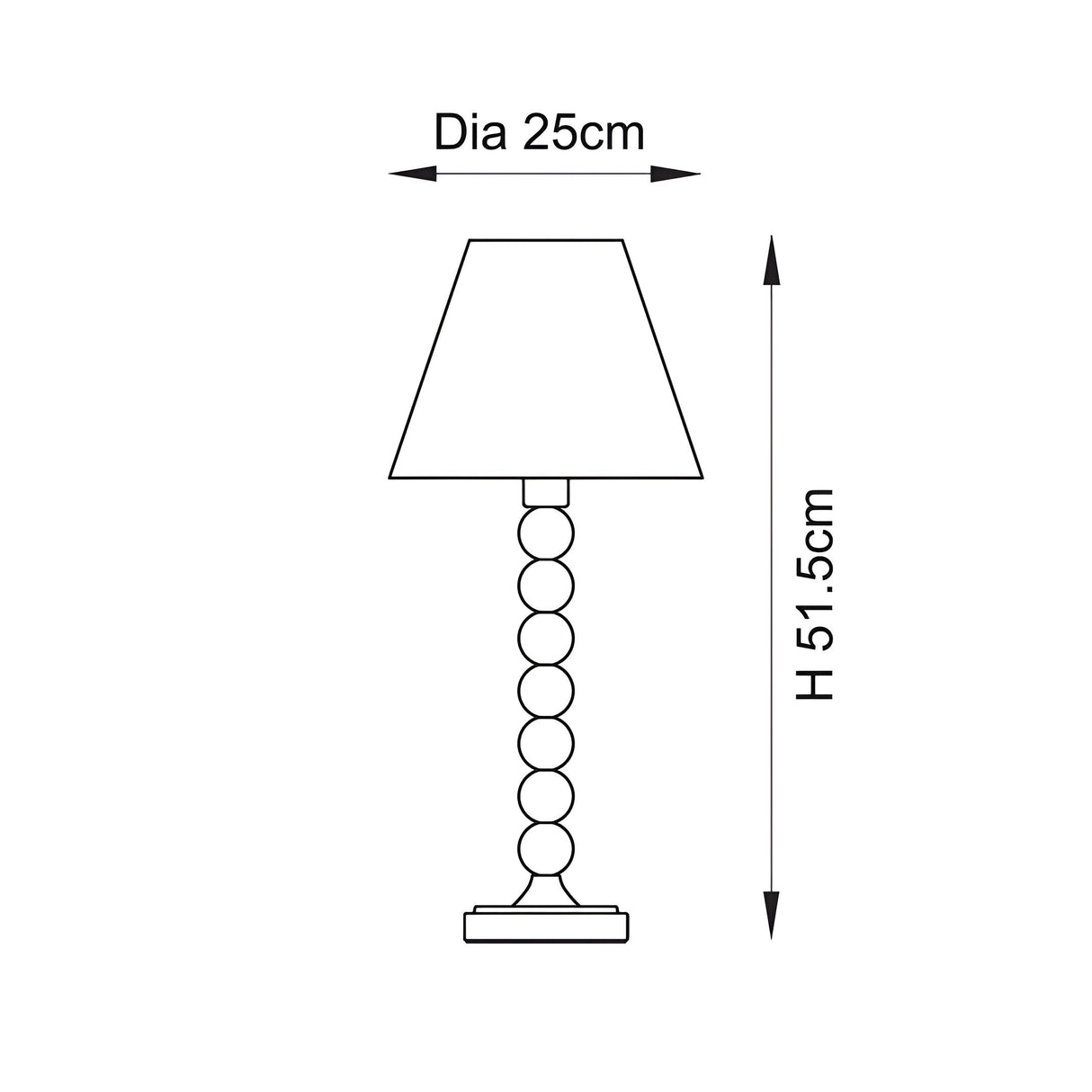 Endon Brenleigh Ripple table lamp dimension diagram showing 25cm shade diameter and 51.5cm height with stacked-sphere base.