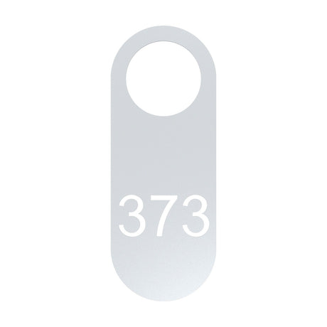 Blink Signage Tag for Wall Light in matt white iron, a tall oblong plate with rounded ends, a round opening near the top, and the number 373 printed below, shown on a plain white background.