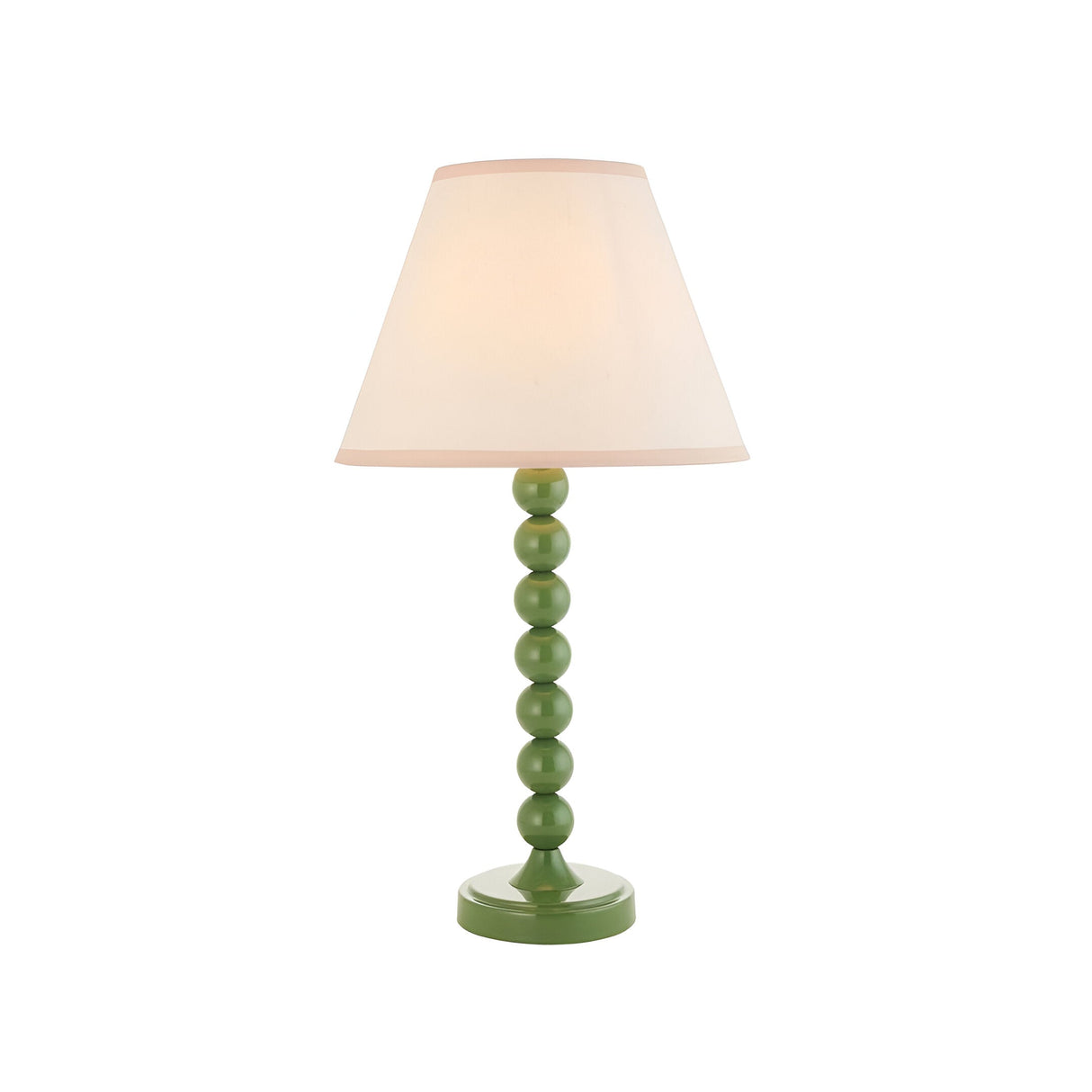 Brenleigh Ivy table lamp with a green stacked-sphere metal base and white cotton-mix Ivy shade with taped edge, on a plain white background.