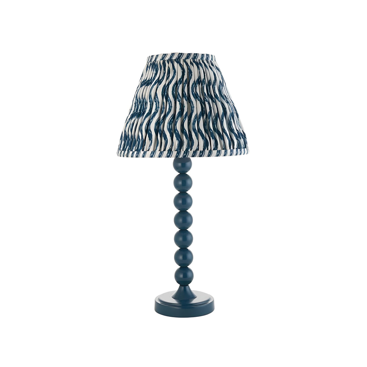 Brenleigh Ripple Table Lamp in blue, gloss stacked-sphere metal base with a pleated 25cm ripple-print fabric shade, on a plain white background.