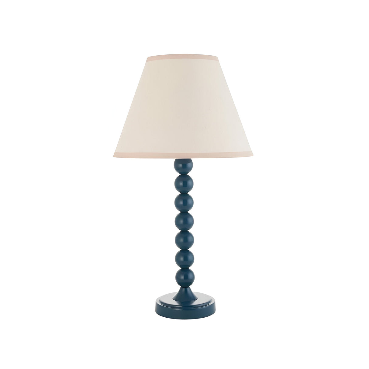 Brenleigh Ivy Table Lamp with a blue stacked-sphere metal base and white cotton-mix Ivy shade with taped edge, on a plain white background.