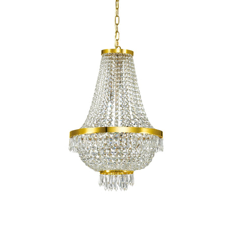 The Silhouette Crystal 9 Light Chandelier in Gold is the epitome of luxury lighting, showcasing exquisite crystal elements. It features cascading rows of crystal beads and a central canopy, creating a dazzling and elegant appearance.