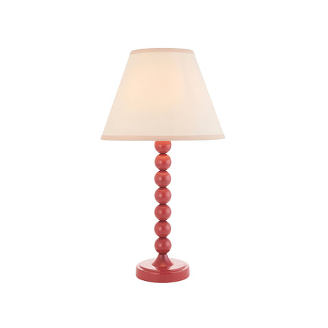 Endon Brenleigh Ivy table lamp with a pink stacked-sphere gloss metal base and tapered vintage white cotton-mix shade, shown on a plain background.